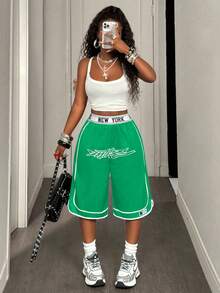 SHEIN PETITE Women's Letter Print Elastic Waist Loose Casual Shorts - Green - View 1