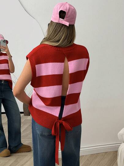 SHEIN Multicolor Backless Pink And Red Striped Sweater Vest