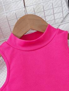 SHEIN Setelan 2 Potong Musim Panas untuk Anak Perempuan, Atasan Tanpa Lengan Bergaris Warna Fuchsia dan Celana Panjang Lurus Motif Bunga, Pakaian Liburan Ulang Tahun Pertama Anak, Liburan yang Nyaman - Berwarna merah muda - View 5