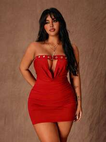 Rustia Strapless Hollow Out Sexy Bodycon Dress, Punk Rock Inspired Street Style - Red - View 1
