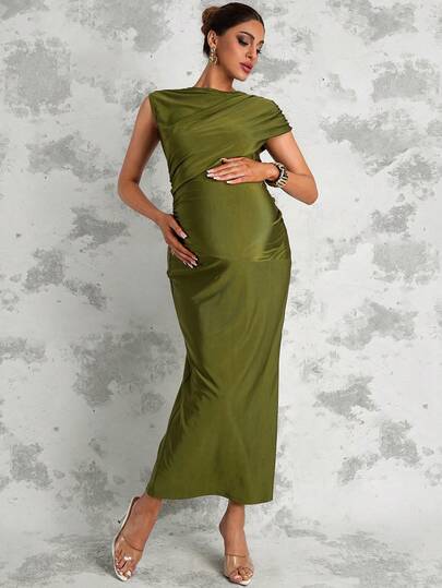 MaterniChic 孕妇纯色圆领褶皱修身优雅连衣裙