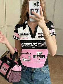 American Retro Street Racing Inspired Color Block Graphic Print Chic Vintage Ballerina Tween Girls Casual Short Sleeve Top, Versatile, Suitable For All Seasons - Multicolor - View 3