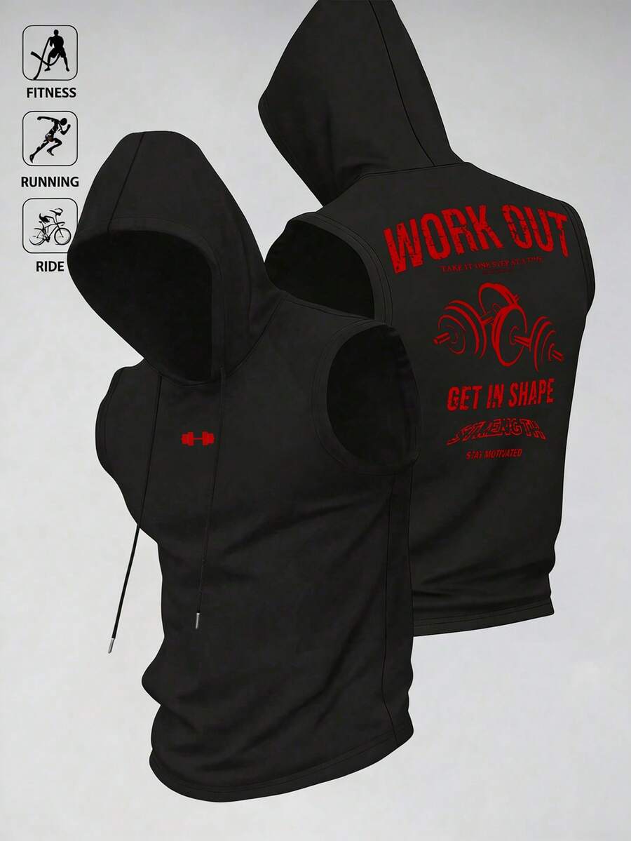 Manfinity Acti Log Men's Slogan & Barbell Print Drawstring Hooded Sports Tank Top - Black - View 1