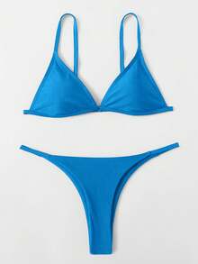 SHEIN Swim Solid Color Spaghetti Strap Triangle Bikini Swimwear - Blue - View 1