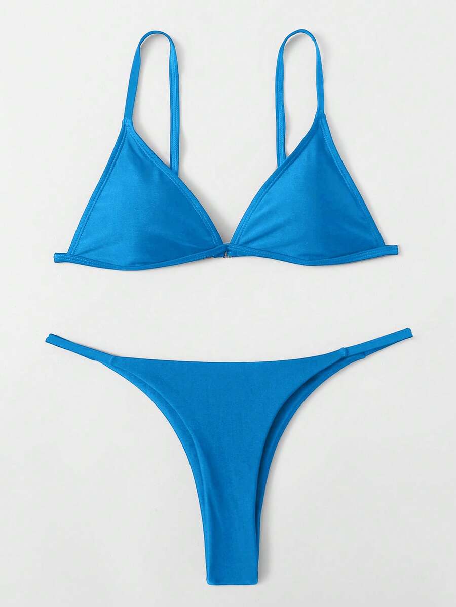 SHEIN Swim Solid Color Spaghetti Strap Triangle Bikini Swimwear - Blue - View 1