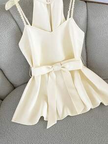 GlowEve Elegant Spaghetti Strap Camisole Top With Pearl Decor, Cinched Waist Design, Slim Fit - Apricot - View 5