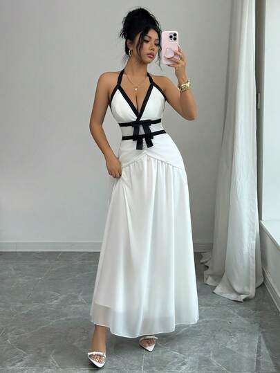 Rafferiza Women's Spring/Summer French Vacation Design Contrast Color Splicing Ribbon Halter Backless Waist Cinched Maxi Casual Dress