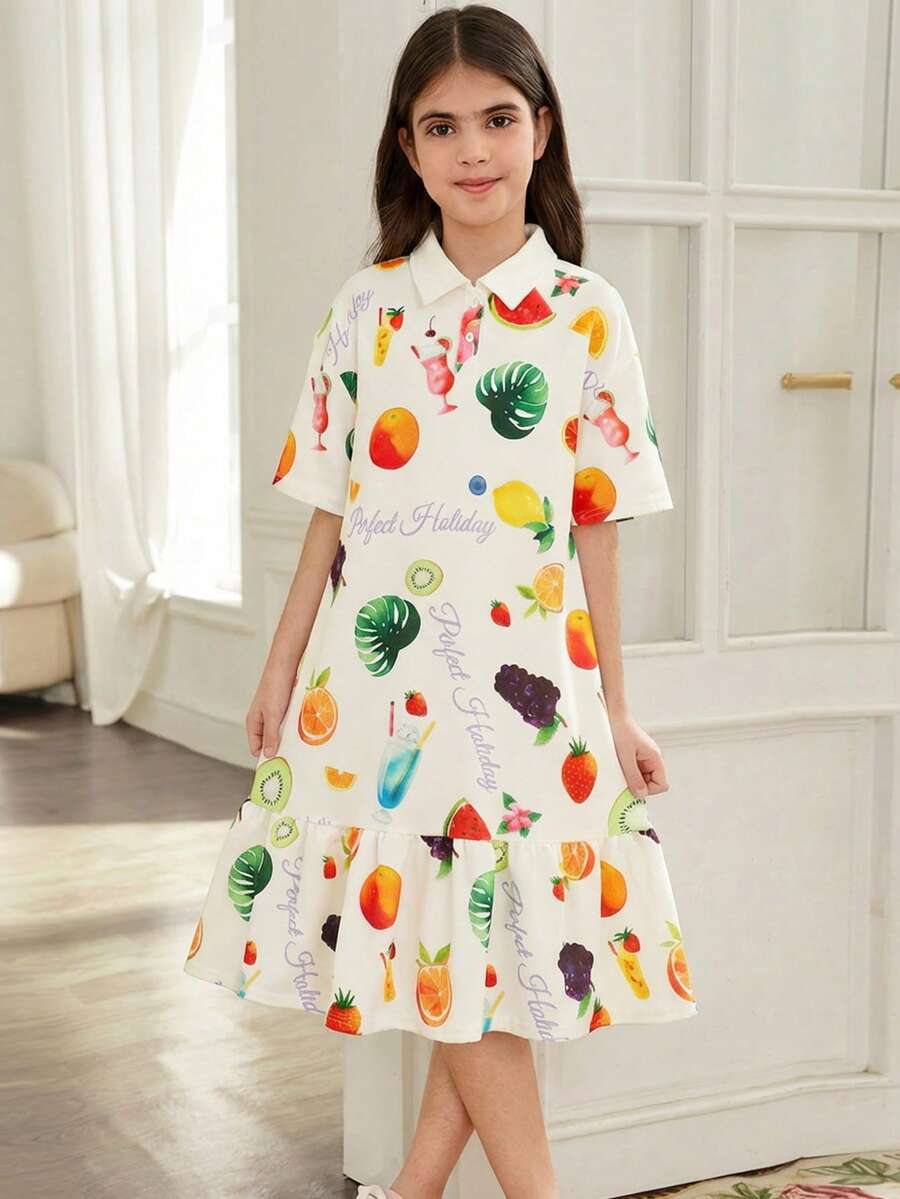 SHEIN 少女休闲街头风水果印花文字衬衫领宽松超大款拼接褶皱Polo衫连衣裙短袖中长连衣裙 - 白色 - 查看 1