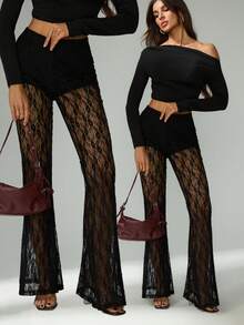 SHEIN Tall Women's Elastic Waist Floral Lace Straight Loose Fashion Pants Bell Bottom Pants See Through Pants Mesh Pants