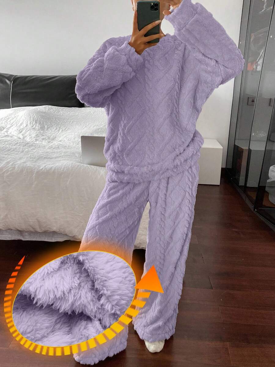 DAZY 2pcs Women's Thick Plush Textured Loose Long Sleeve Top And Pants Pajama Set, Winter - Purple - View 1