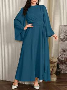 Modelyn Plus Size Women Elegant Long Dress With Collar And Flowy Scarf, Deep Red - Blue - View 7