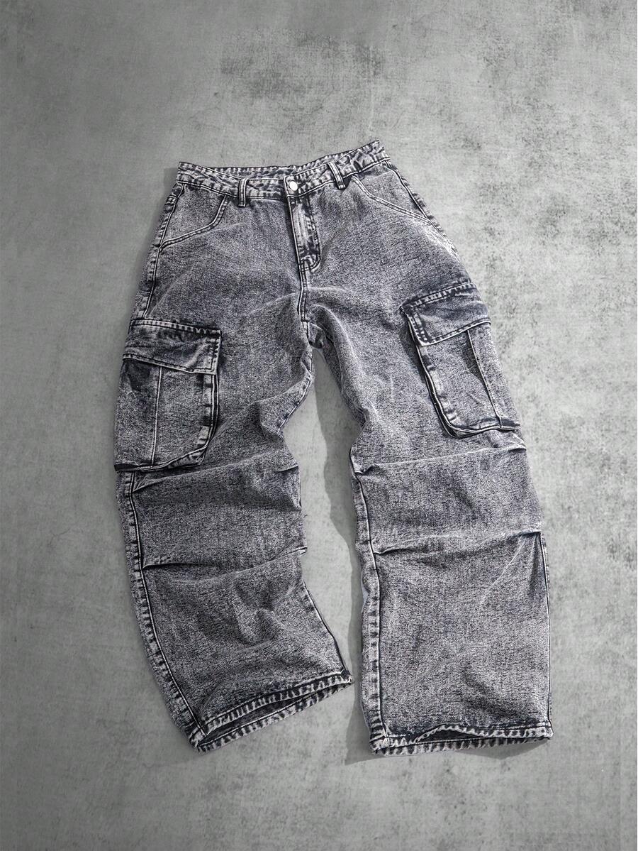 Manfinity ZONE917 宽松男式翻盖口袋和侧面板工装牛仔裤（不含腰带） - 灰色 - 查看 1