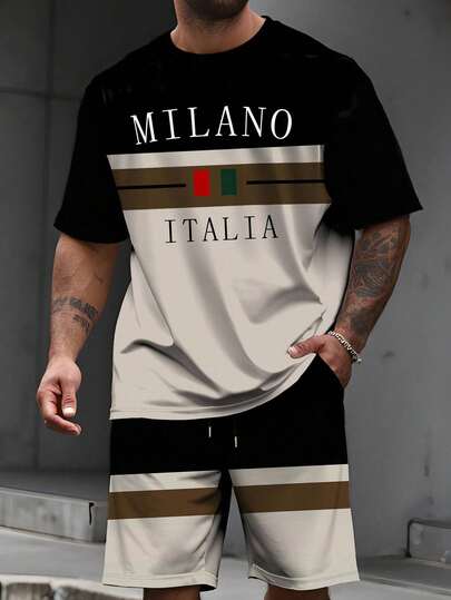 EGENSIO Plus Size Men Contrasting Letter Print Short Sleeve T-Shirt And Pocket Shorts Set Men T Shirt Set, Manfinity Hupemode Men Summer Casual Color Block Letter Print Short Sleeve T Shirt & Shorts For Going Out For Friends, Milano Italy, Cozy Outfits