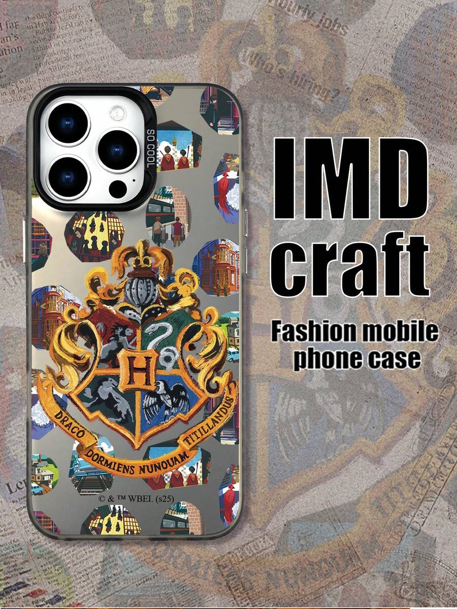 HARRY POTTER X SHEIN 1pc Hogwarts Crest Phone Case, Magical Scene Print 2D Pattern, Colorful Silver IMD 2-In-1 Design | Black Non-Slip Big-Cutout Glossy Case | Durable Protective Cover | British Wizarding Style Gift For Birthday/Holidays | Compatible With IPhone 17/17 Pro/17 Air/17 Pro Max, 16/16 Plus/16 Pro/16 Pro Max, 15-11/X/XS Max & Galaxy S25/S25 Ultra/S24-S22 Series - Black - View 1