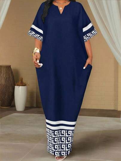 SHEIN Lady Spring, Summer, Autumn And Winter Plus Size Notch V-Neck Woven Navy Blue Loose Sleeve Classic Print Plus Size Robe Dress Summer Dress  Spring Outfit Women  Casual Dresses For Women Stylish Clothing Collection