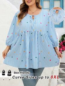 SHEIN CURVE+ Curve 尺码 US22 音乐节、海滨度假、波西米亚情人节女士条纹爱心印花休闲百搭通勤灯笼袖衬衫 - 藍色 - 查看 1