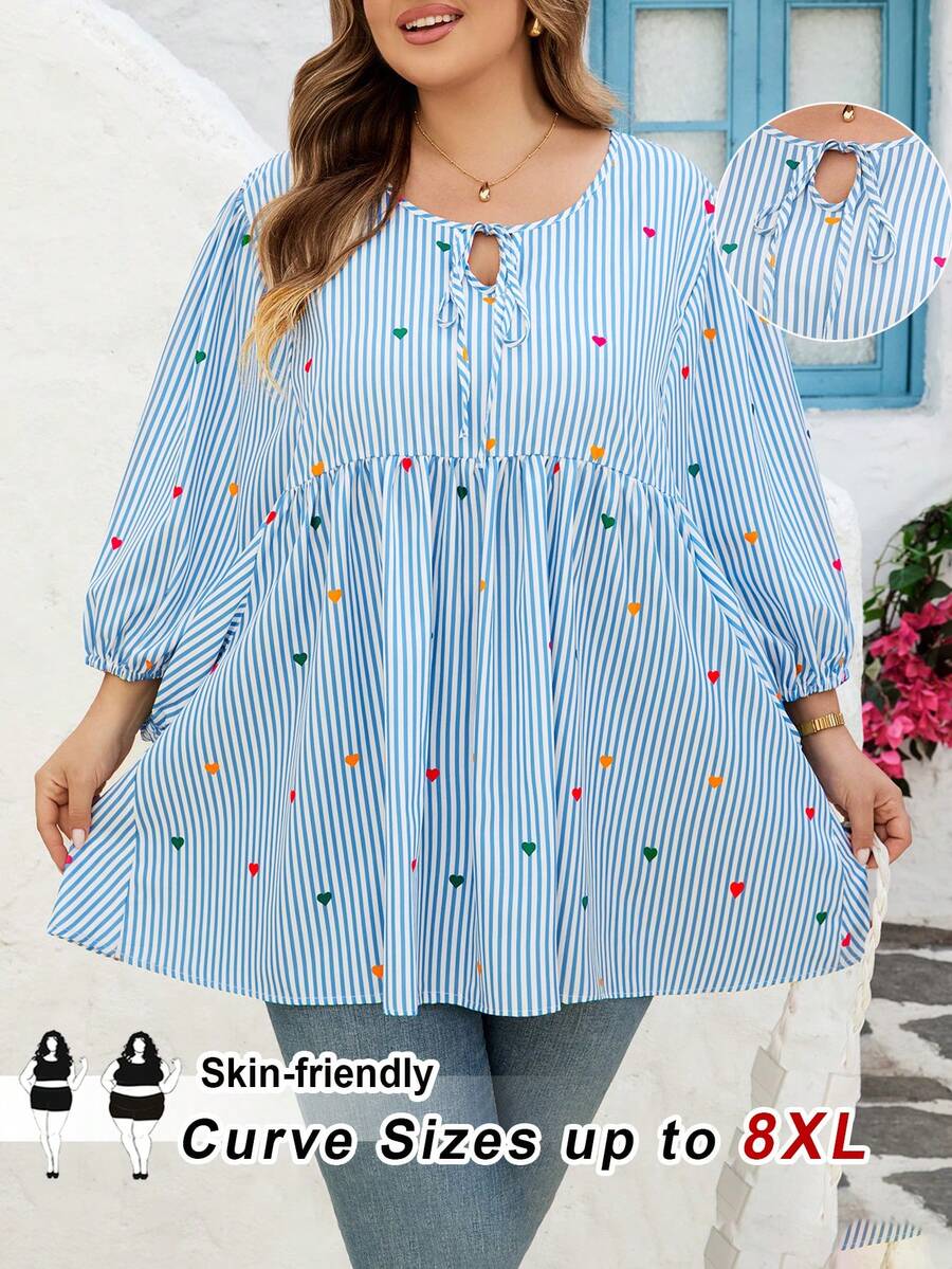SHEIN CURVE+ Curve 尺码 US22 音乐节、海滨度假、波西米亚情人节女士条纹爱心印花休闲百搭通勤灯笼袖衬衫 - 藍色 - 查看 1