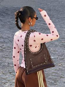 Muchica Polka Dot Print Crew Neck Fitted Women Long Sleeve T-Shirt - Pink - View 2