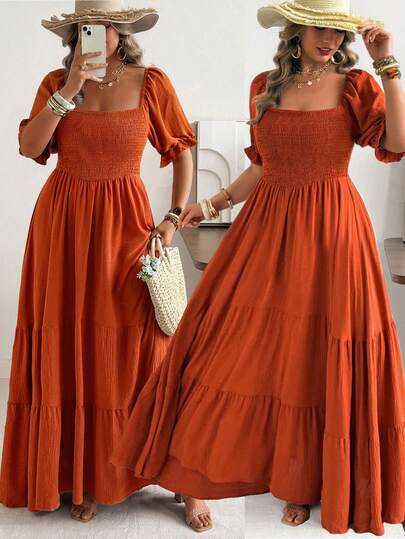 Ceyna 大码女式橙色方领短袖收腰A字连衣裙，春夏款