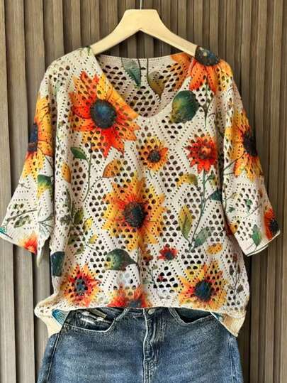 EMERY ROSE Plus Size Women's Spring/Summer Fashion Casual Resort Wear Simple And Versatile Beachwear For Women Sunflower And Leaf Print Short-Sleeve Knit Cardigan Plus Size Women's Beach Resort Attire