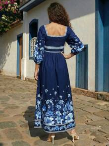 CAJUNI Navy Blue Floral Maxi Dress With Puff Sleeves And Sweetheart Neckline. - Blue - View 2