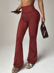 Dewbera 女士常规腰围黑色波点印花喇叭裤，适合日常休闲穿着、跑步、瑜伽、健身、网球、高尔夫等运动，秋冬季款 - 酒紅色 - 查看 3
