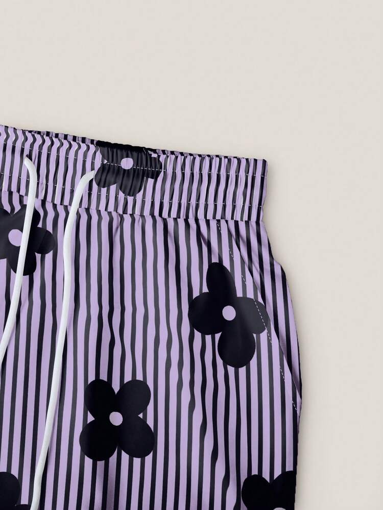 Resyla Set de 2 piezas de camiseta de manga corta de cuello redondo con estampado floral y shorts a rayas, casual de verano para mujer - Morado - Añade 5