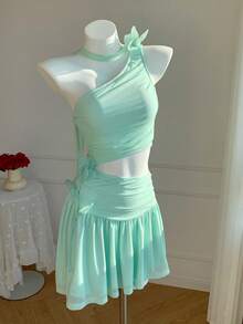 Comfortcana 女士优雅纯色3D立体花卉装饰无袖露脐中长连衣裙，夏季 - 淺綠色 - 查看 6