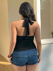 Sunnyshic Plus Size Women Casual Optimized Minimalist Sexy French Spaghetti Strap Backless Tassel Sequin Decorated Summer Camisole - Black - View 2
