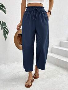 SHEIN Frenchy 女士休闲度假通勤纯色抽绳纸袋腰侧口袋阔腿裤 - 藏蓝色 - 查看 9