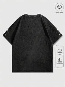 ROMWE MEN Goth 男士夏季100%纯棉休闲时尚街头星形印花落肩宽松水洗透气T恤 - 黑色 - 查看 2