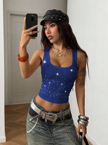 StreetHx Women's Casual Fashionable Street Everyday Commute Scoop Neck Rhinestone Pleated Fitted Cropped Tank Top, Summer - Royal Blue - View 5