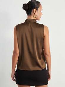 Aveloria Modichic 缎面面料，层叠荷叶边装饰，时尚无袖女式上衣 - 咖啡棕 - 查看 6