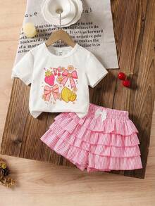 LMoss Kids Conjunto de 2 peças para bebê menina: camiseta de gola redonda em tricô liso e shorts listrados com babados na barra. - Multicolorido - Ver 7