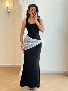 Rafferiza 优雅U领无袖黑色美人鱼连衣裙，饰有蕾丝缎带，女士春夏款 - 黑色 - 查看 4