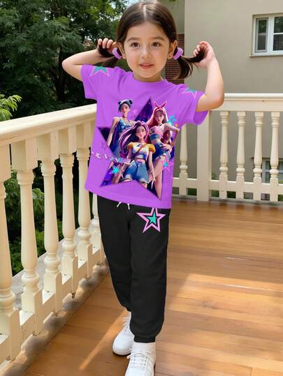 2pcs/Set Women Idol Group Printed Casual Short Sleeve Top And Loose Pants Set, Suitable For Spring/Summer