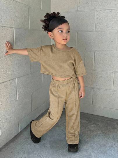 2pcs/Set Young Girls Pullover T-Shirt And Leggings Casual Outfit, Versatile For Daily Wear