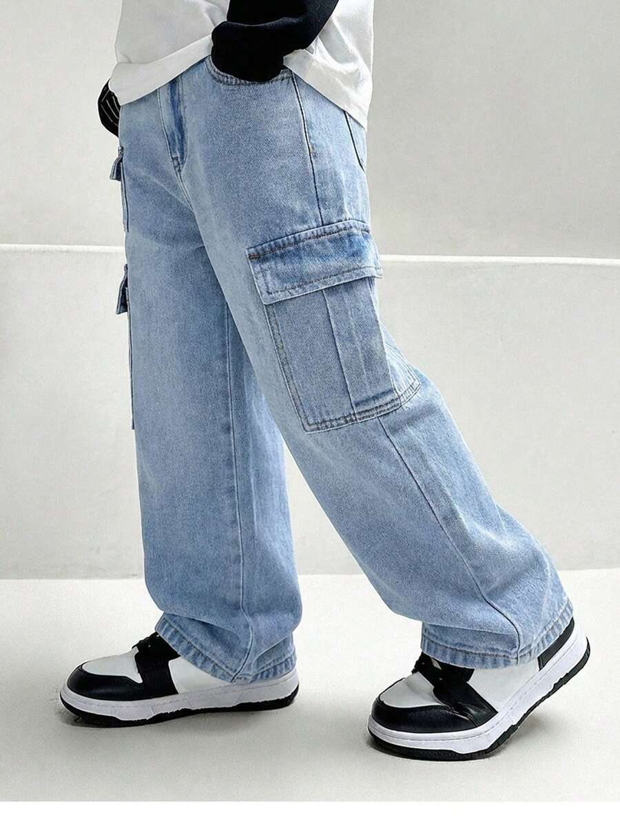 Tween Boy Cool Multi-Pocket Casual Street Style Drawstring Waist Washed Blue Denim Jeans - Light Wash - View 1