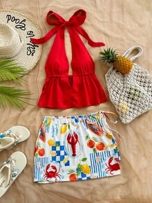 Soleia Bộ trang phục thời trang dự tiệc hẹn hò dành cho nữ, gồm áo cổ chữ V sâu, buộc dây cổ và chân váy ngắn. - Nhiều màu - Xem 6