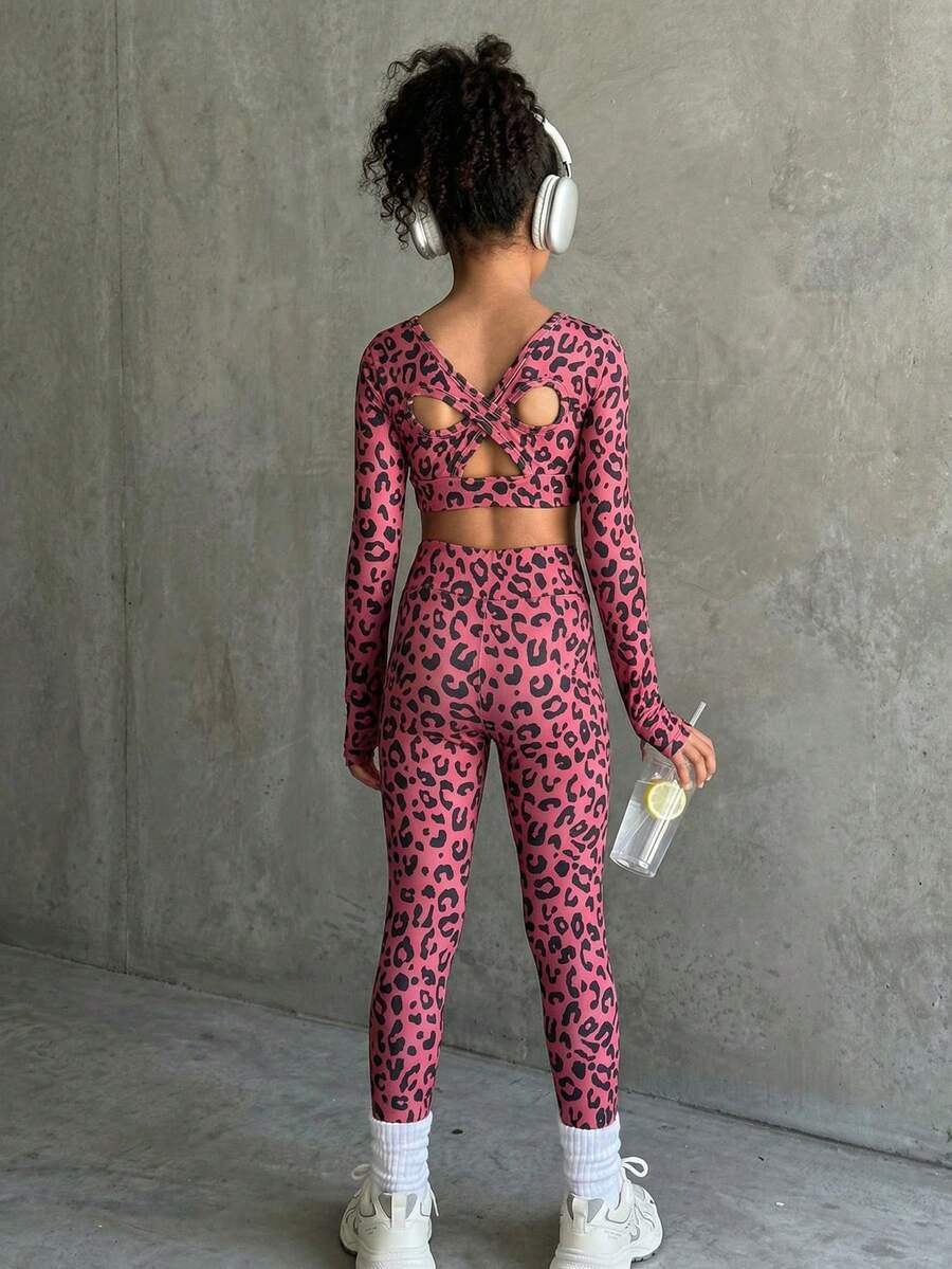 SHEIN 青少年女孩粉色豹紋長袖運動服街頭風運動套裝,緊身交叉鏤空露背設計,健身運動秋季款 - 酒紅色 - 查看 1