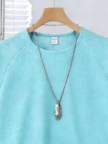 2件套青少年男童街头休闲短袖T恤短裤套装，适合时尚男孩 - 藍色 - 查看 3