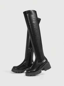 Sugerpunk 女士时尚百搭通勤厚底过膝靴 - 黑色 - 查看 4