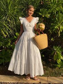 DAZY French Intricate Lace Embroidery V-Neck A-Line Dress With Flared Skirt - White - View 6