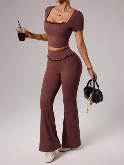 Sovereign Charm Women's Square Collar Ruffle Trim Short Sleeve Top And Flared Hem Long Pants 2 Pieces Outfit, Casual Sports Suit, Macaroon Color