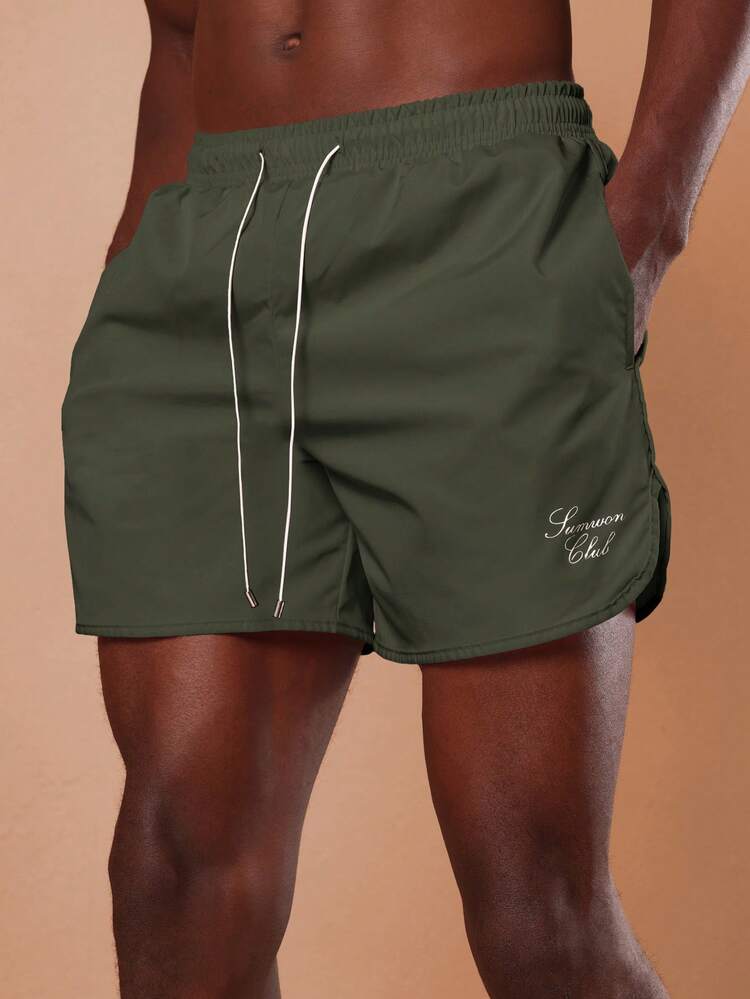 Curved Hem Swim Shorts With Drawstring