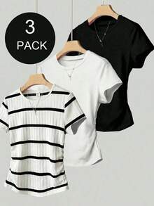 SHEIN 3件套 少女修身休闲纯色圆领褶皱短袖T恤 - 彩色 - 查看 3