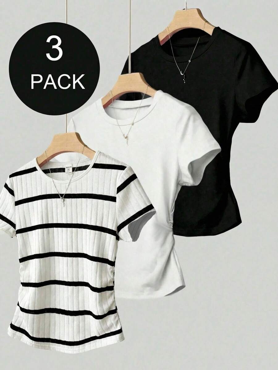 SHEIN 3pcs/Set Tween Girls' Fitted Casual Solid Color Round Neck Ruched Short Sleeve T-Shirts - Multicolor - View 1