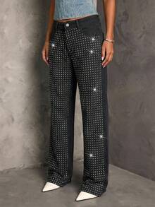 SHEIN BAE Women's Low Waist Embellished Slim Straight Leg Jeans, New Years Eve Outfit, Glitter Pants, Christmas Party Women Pants, Sequin Pants, Holiday Pants, Baggy Women Jeans, Glitter Baggy Jeans, Glitter Pants - Black - View 5