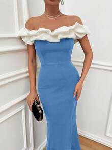 EURMUSE Vestido ajustado con hombros descubiertos y volantes de dos tonos, vestido elegante - Azul - Ver 4