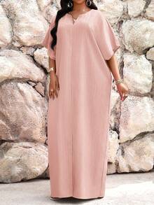 SHEIN Lady Jesienno-zimowa praca w kolorze zielonym, z wycięciem, z rękawami typu nietoperz, sukienka kaftan, sukienki w dużych rozmiarach, stroje wakacyjne, stroje plażowe dla kobiet, sukienka na wakacje na plaży, sukienka na wesele, sukienka dla gościa, sukienka biznesowa, swobodna, sukienka na studniówkę - Różowy - Zobacz 3